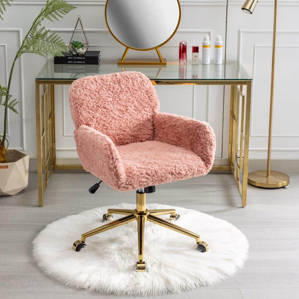 Velvet Upholstered Swivel Task Chair in Pink with Golden Metal Base Adjusta
