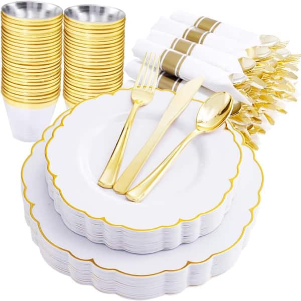 Elegant White and Gold Disposable Plate Set with Pre Rolled Napkins for Special Events, 175-Piece Party