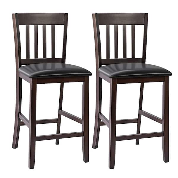 Costway 39 in. Brown Low Back Wood Bar Stools Counter Height Chairs with PU Leather Seat Black (Set of 2)