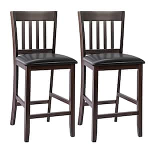39 in. Brown Low Back Wood Bar Stools Counter Height Chairs with PU Leather Seat Black (Set of 2)