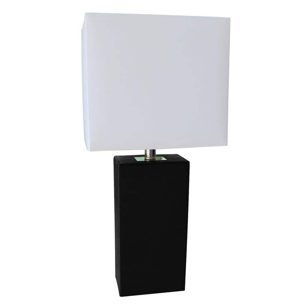 Modern Black Leather Rectangular Table Lamp with White Fabric Shade