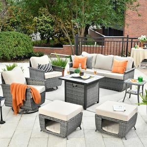 Echo Black 7-Piece Wicker Pet-Friendly Fire Pit Patio Conversation Sofa Set with Swivel Chairs and Beige Cushions