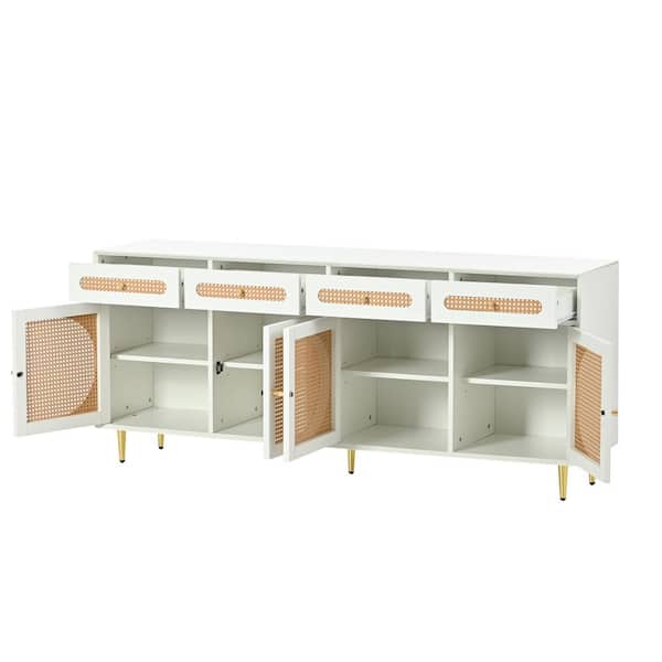 Unbranded 64.5 in. W x 15.7 in. D x 27.5 in. H White Wood Linen Cabinet with TV Stand, Adjustable Shelves and Rattan Doors