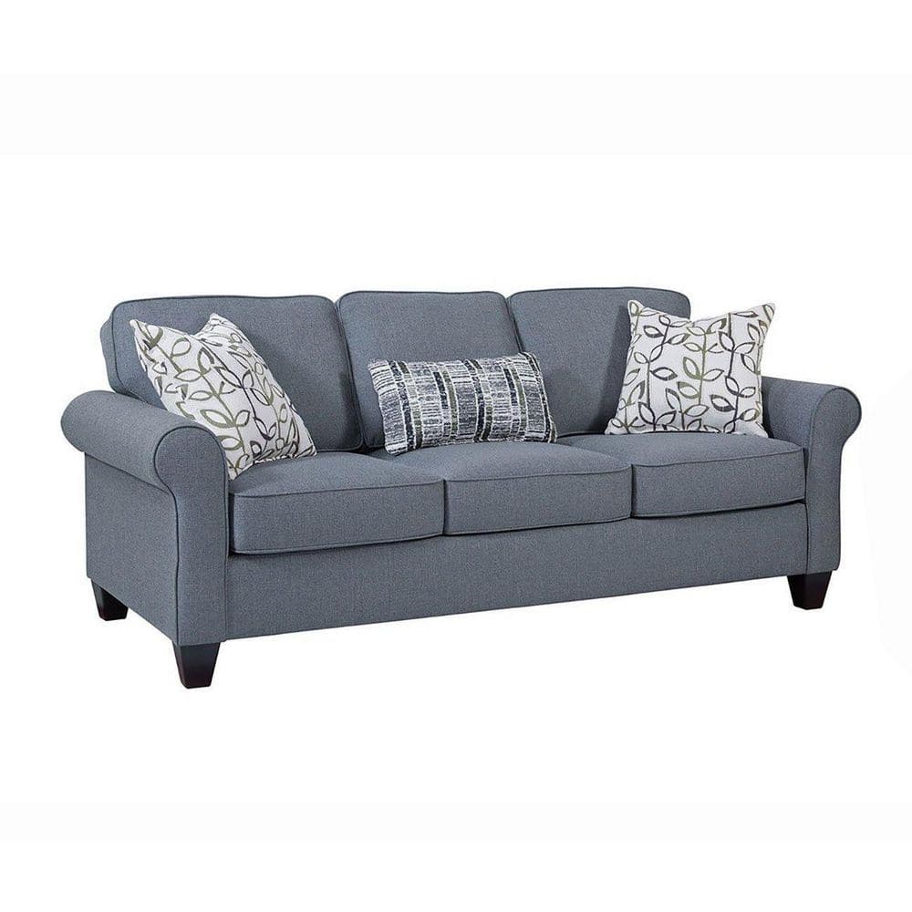 Classic Cottage Blue Fabric Sofa with Rolled Arms and Pillows