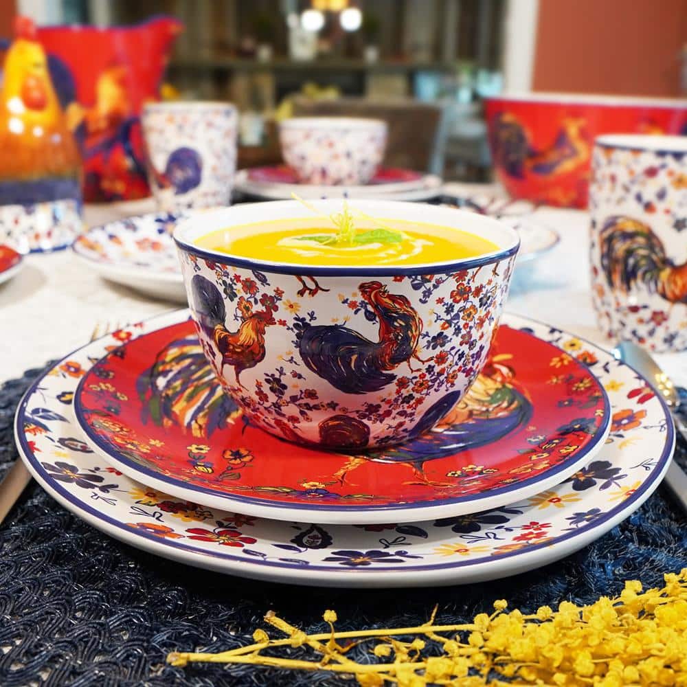Vibrant Porcelain Rooster Dinnerware Set for 4