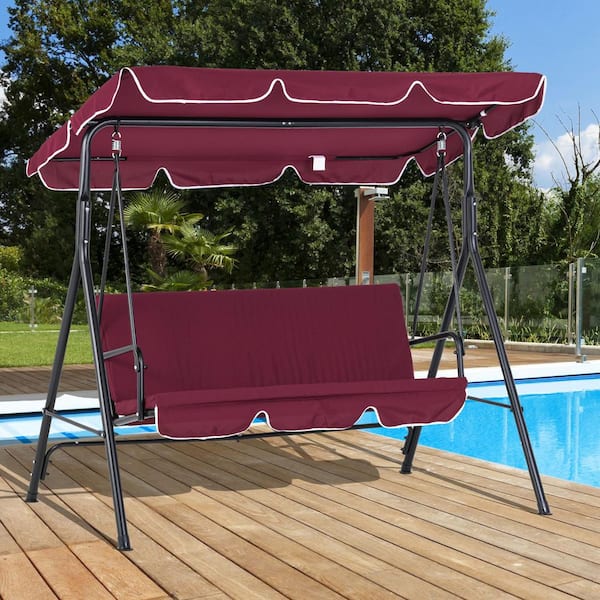 Sudzendf Red 3-Seat Outdoor Metal Patio Swing with Removable Cushion Steel Frame Stand and Adjustable Tilt Canopy