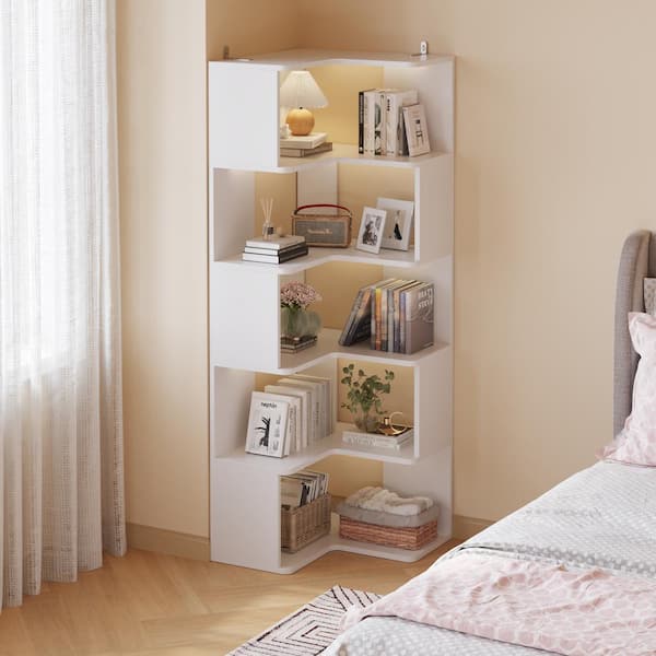 Karl home Book Shelf Storage Cabinet 65in.Tall White Particle Board 6 Tiers L-Shaped Bookcase with Display Industrial Bookshelves