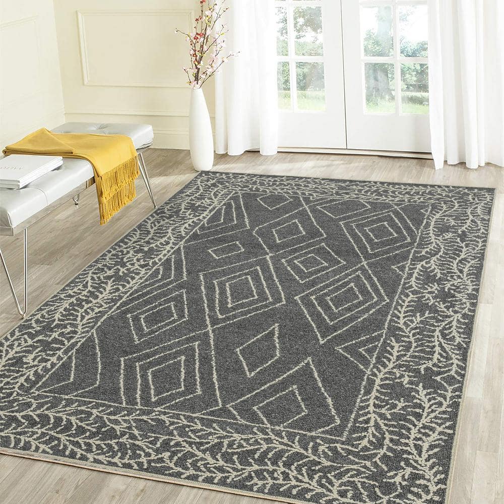 Gray Handmade Wool Area Rug with Floral and Geometric Motifs