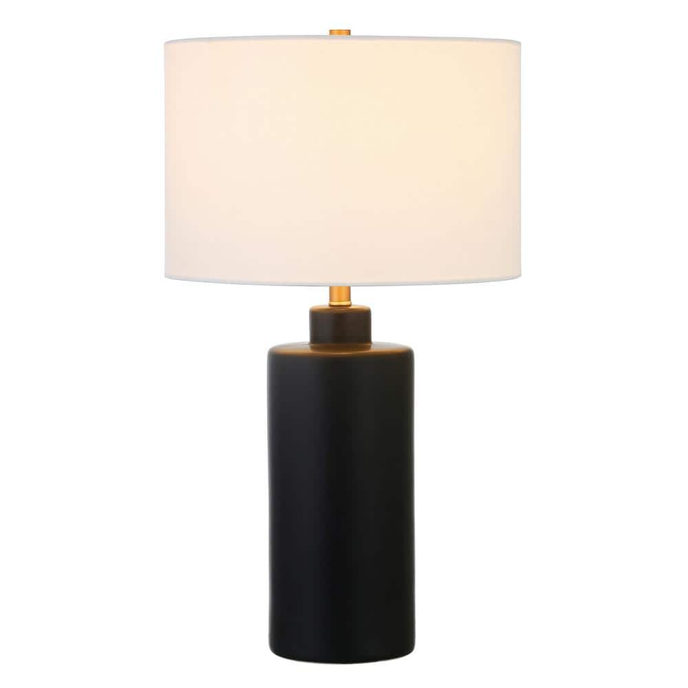 Matte Black Ceramic Nightstand Lamp with White Linen Shade