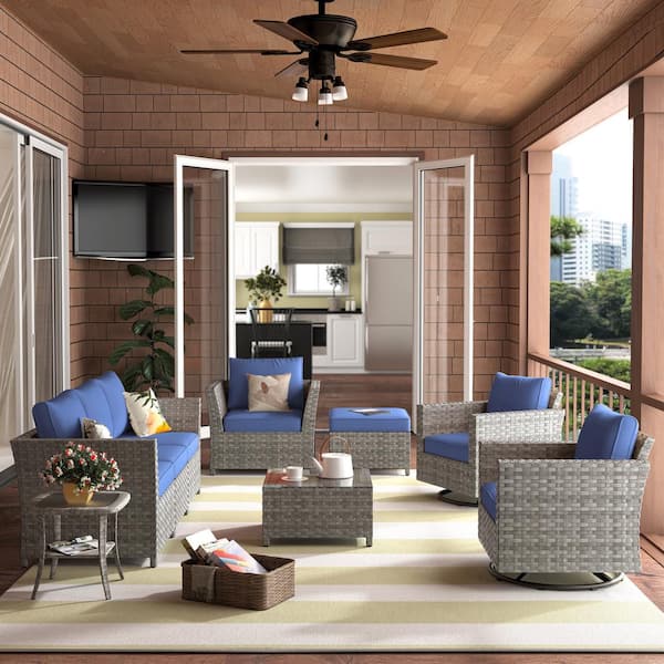 XIZZI Alfresco Allure 9-Piece Wicker Patio Conversation Sectional Sofa Set with Denim Blue Cushions and Swivel Rocking Chairs