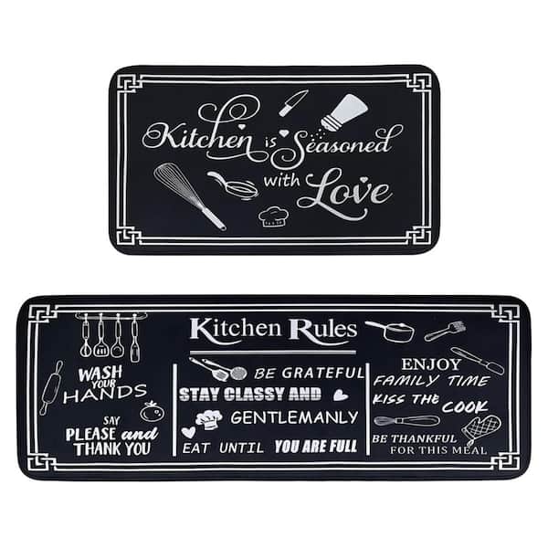 Black and White 17 in. x 30 in. and 17 in. x 47 in. Velvet Low-Pile Non-Skid Washable Cushioned Indoor Kitchen Floor