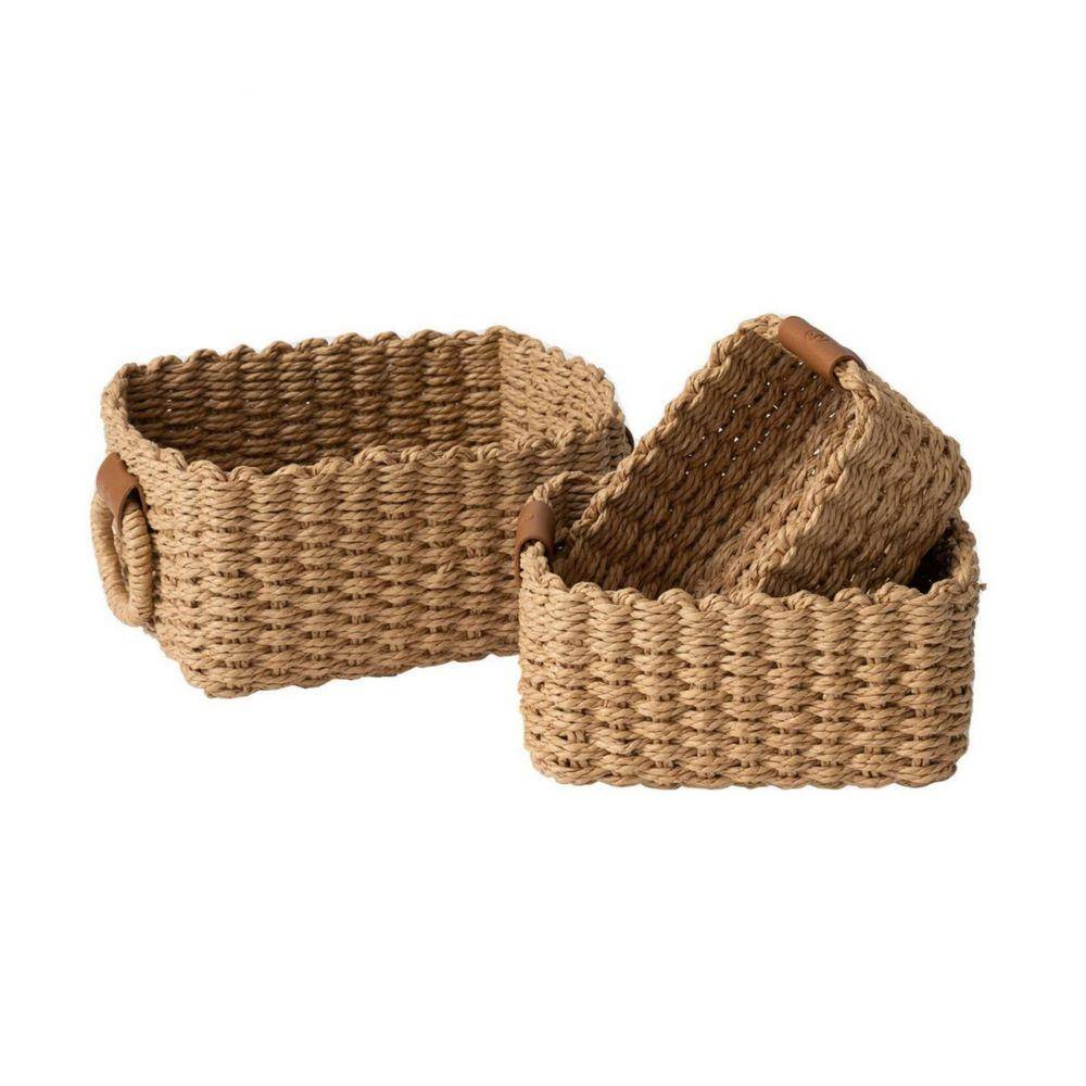 Beige 7 in. x 5 in. Wicker Rectangular Decorative Basket Set of 3