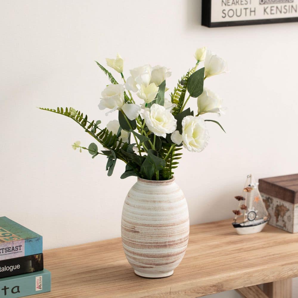 8 in. Whitewashed Distressed Ceramic Farmhouse Vase, Rustic Vintage for Home Decor Countertop Shelf White Shape Round price history on PriceWatchPro