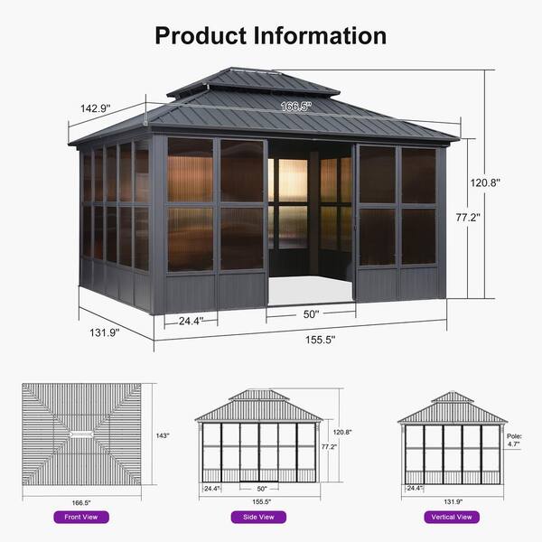 PURPLE LEAF 12ft.x14ft. Sunroom Hardtop Gazebo Solarium