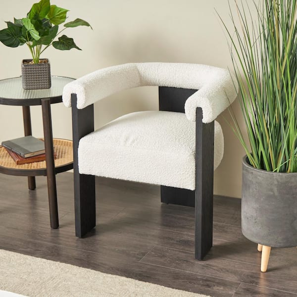 White Curved Back Mid Century Modern Round Boucle Polyester Accent Chair with Black Wood Frame