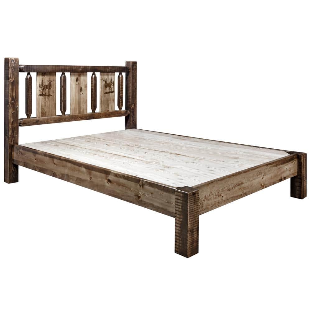 King Brown Pine Wood Upholstered Platform Bed with Headboard