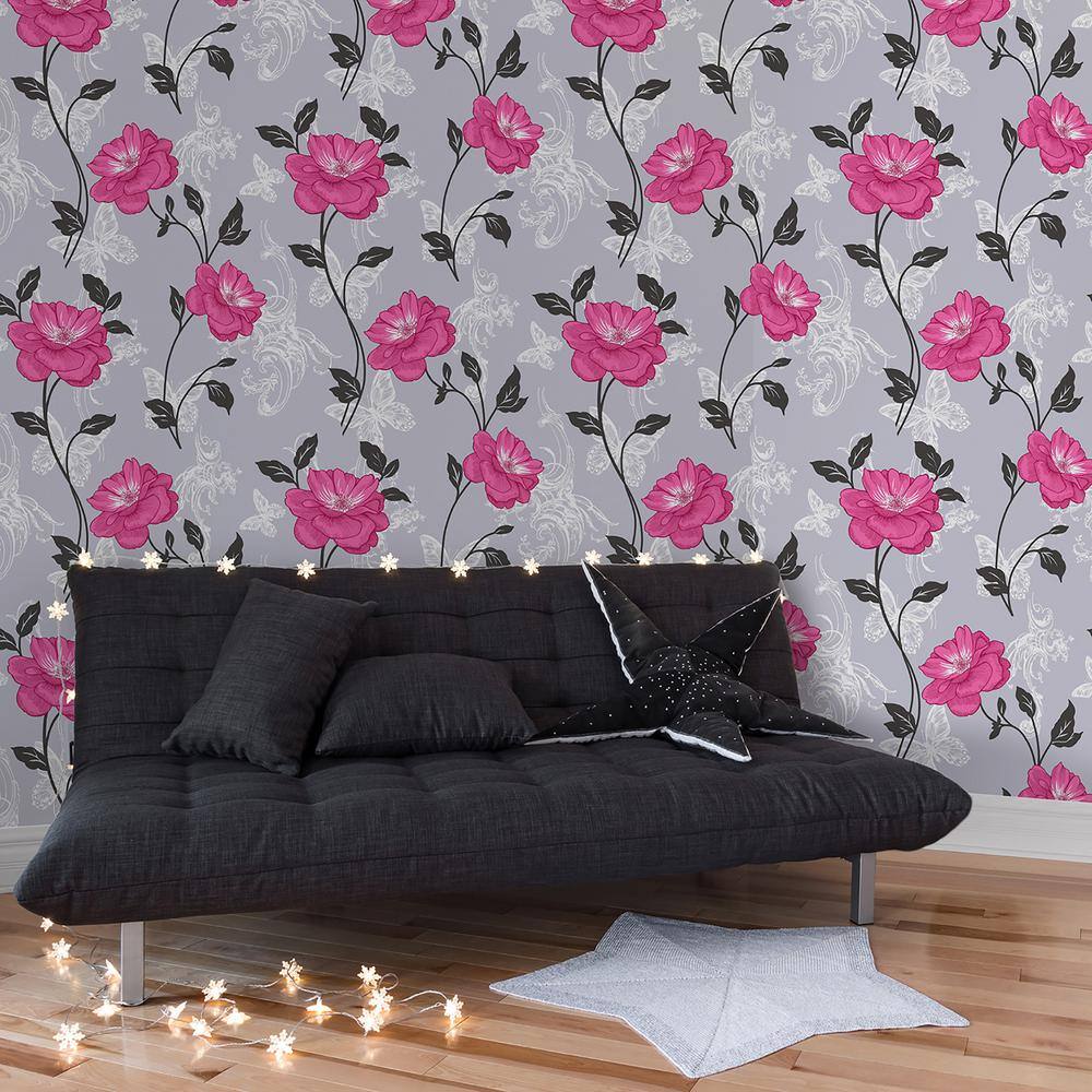 Medley Grey and Pink Floral Botanical Wallpaper