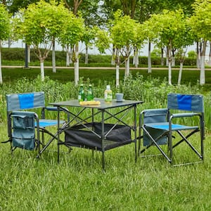 3-Piece Blue Aluminum Folding Outdoor Lawn Chairs with Black Table for Outdoor Camping, Picnics, Beach, Backyard, BBQ