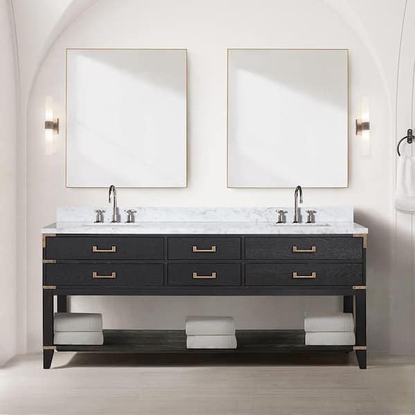 Lexora Irvington 80 in W x 22 in D Black Oak Double Bath Vanity, Carrara Marble Top, and 36 in Mirrors