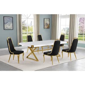 Miguel 7-Piece Rectangle White Wood Top Gold Stainless Steel Dining Set with 6 Black Chairs