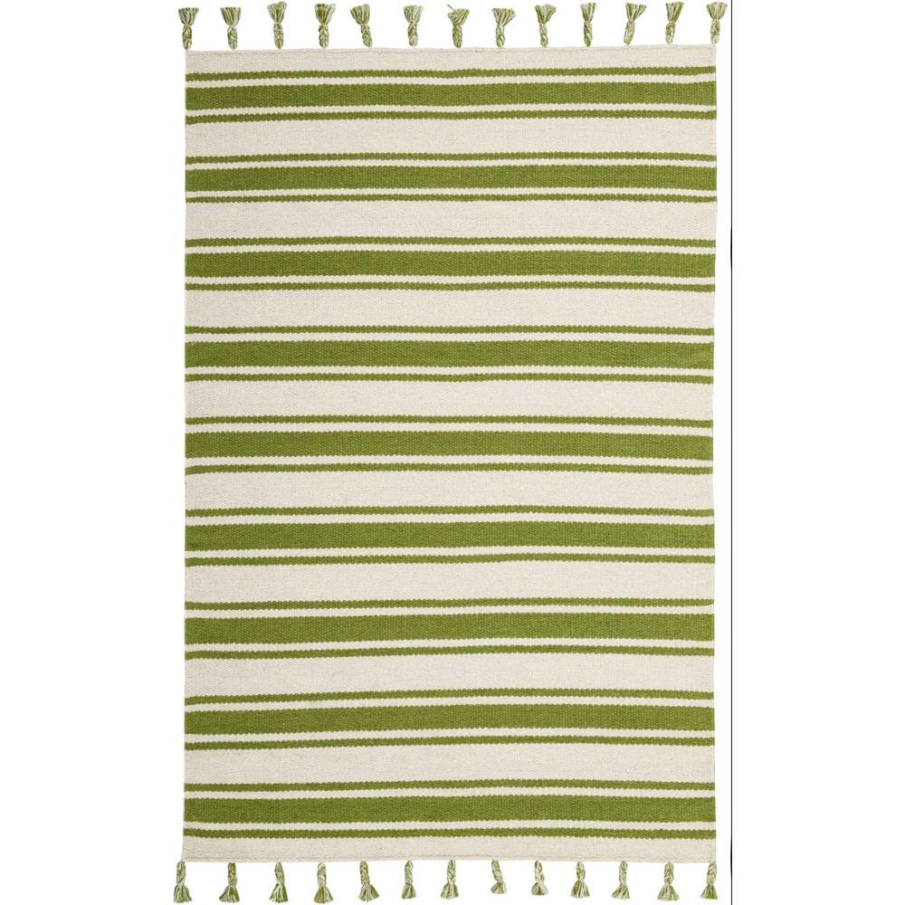Ivory and Green Striped 4' x 6' Wool Cotton Reversible Rug