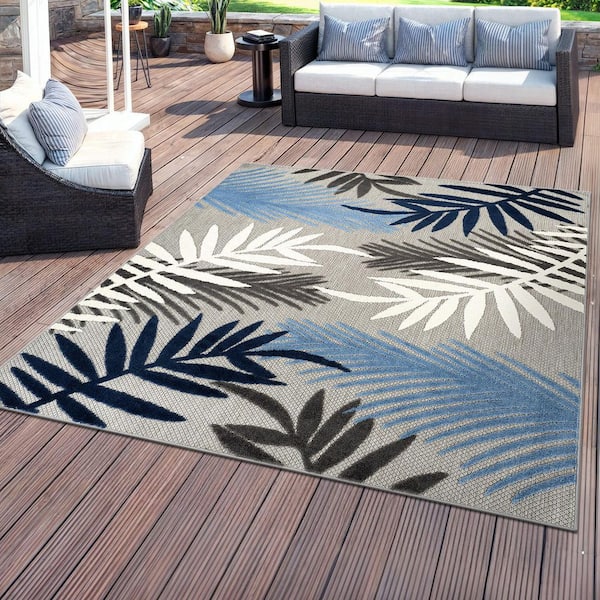 Evora Palm Frond Blue 6 ft. 6 in.  x  6 ft. 6 in.  Square Indoor/Outdoor Area Rug
