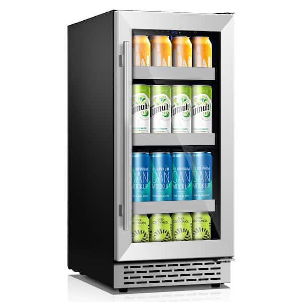 15 in. Single Zone 130-Can Built-In and Freestanding Beverage Cooler Fridge/Silver Stainless Steel Glass Door