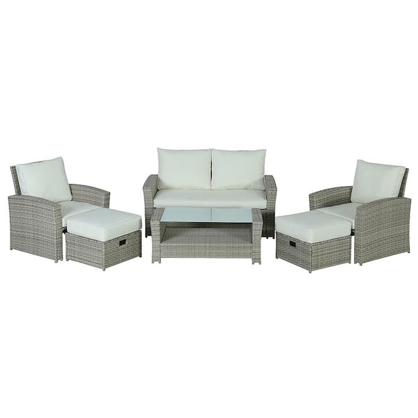 Runesay Modern 6-Piece Gray Wicker Patio Conversation Set with Beige Cushions