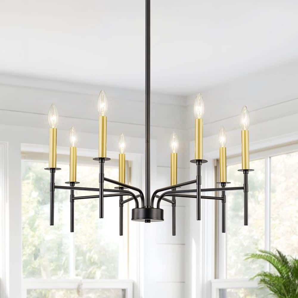 TinHon 27.6 in. Modern 8-Light Black and Gold Chandelier with E12