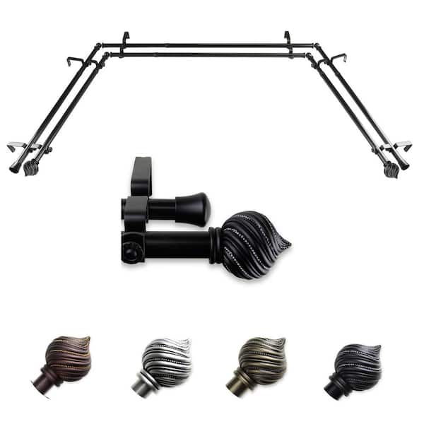 EMOH 13/16" Dia Adjustable 20"-36", 38"-72" Bay Window Double Curtain Rod with Emilio Finials in Black
