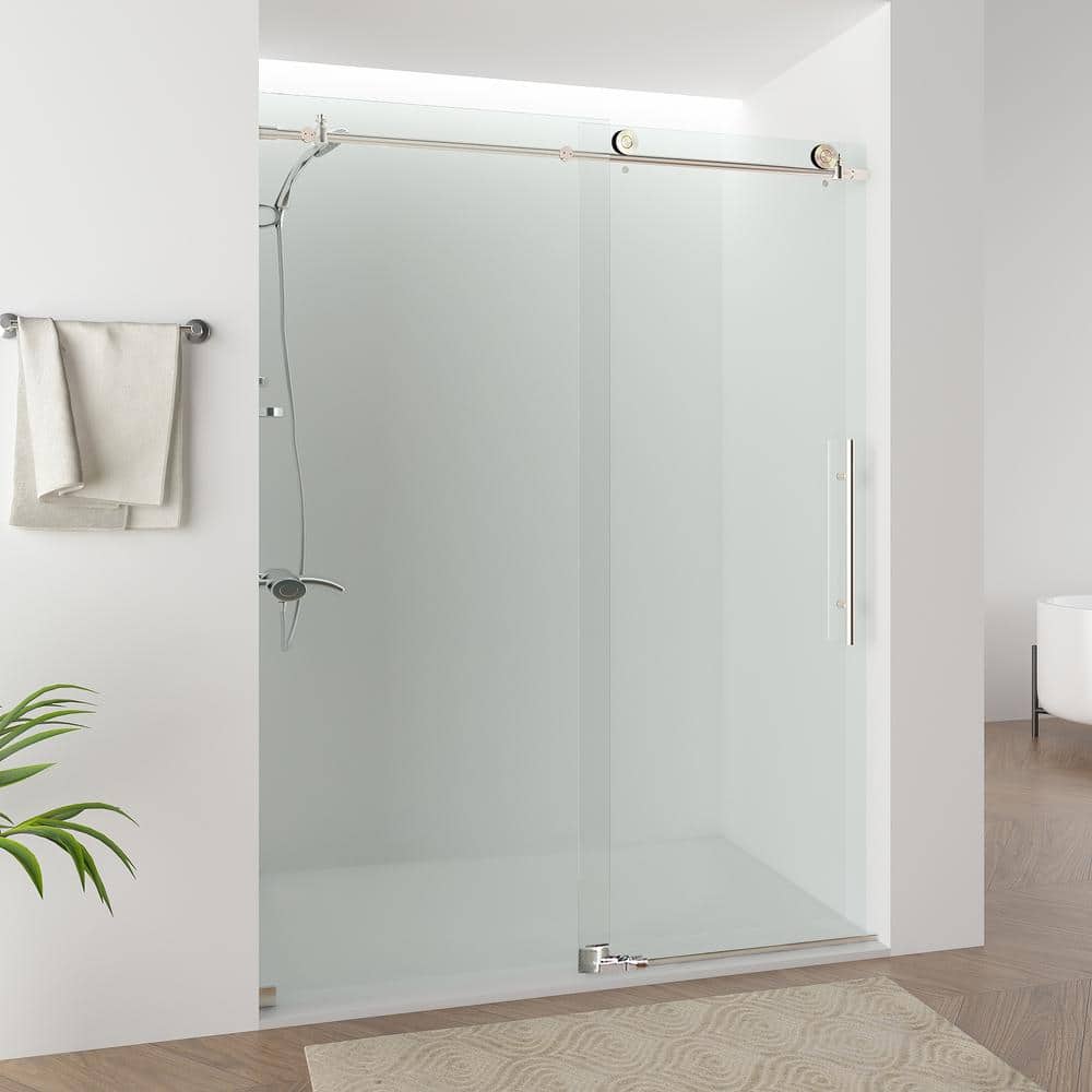 60 in. x 76 in. Frameless Clear Glass Sliding Shower Door with Brushed Nickel Finish