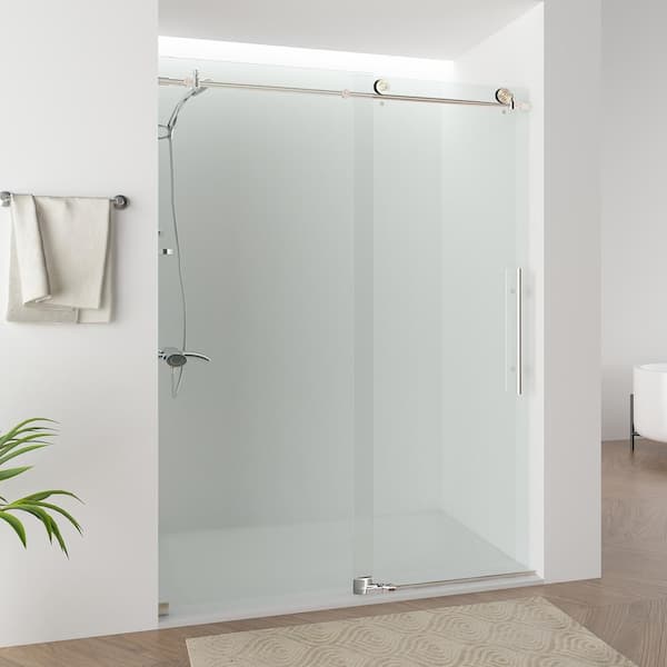 56–60 in. W x 76 in. H Frameless Soft Close Sliding Shower Door in Brushed Nickel with Explosion-Proof Clear Glass
