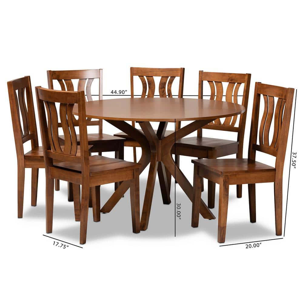 Walnut Brown Geometric Cut-Out 7-Piece Dining Set with Scoop Seats