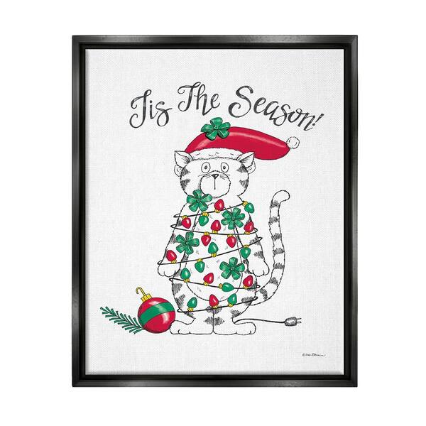 Stupell Industries Tis the Season Cat by Deb Strain 1 Piece Floater Frame Graphic Print Animal Poster Art Print 21 in. x 17 in.