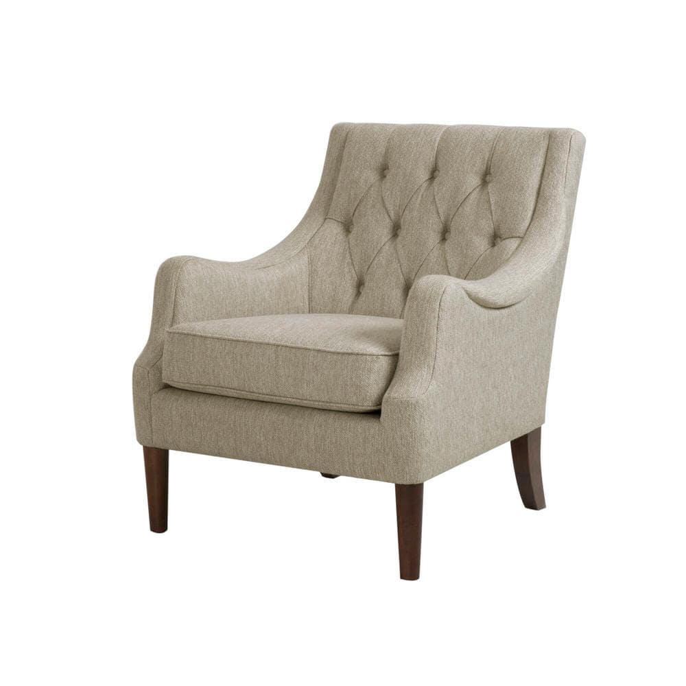 Elegant Beige Handcrafted Wood Accent Chair with Button Tufted Back