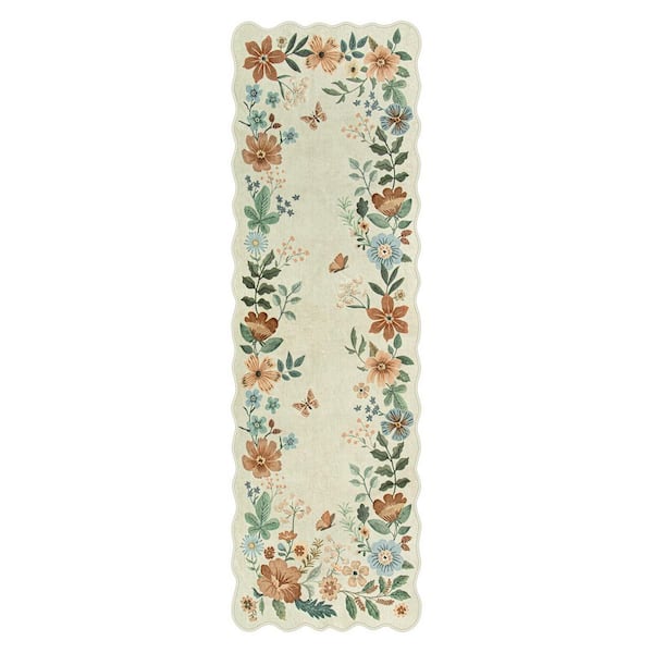 Washable Farmhouse Floral Print Wave-Shape Beige 2 ft. x 8 ft. Enteyway Bedroom Runner Area Rug
