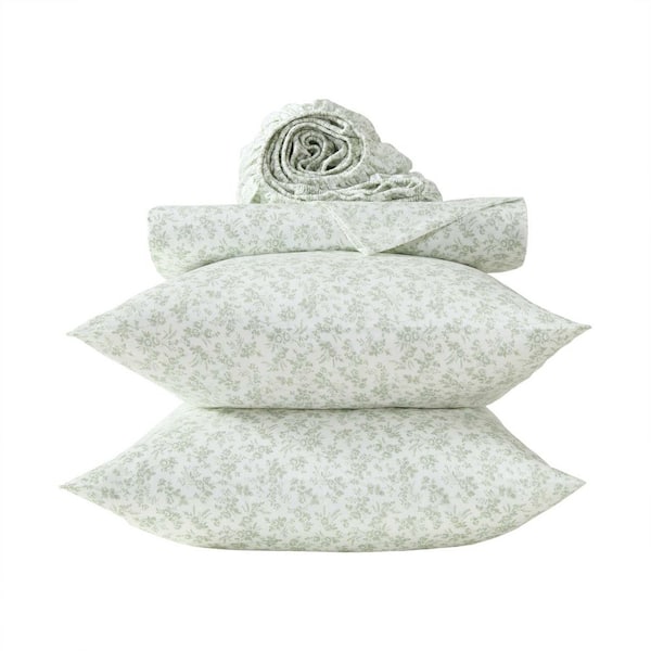 Floral Toile 4-Piece Sage Green Cotton Sateen Full Sheet Set