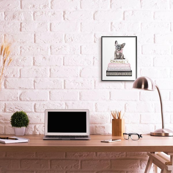 Stupell Industries Dashing French Bulldog and Iconic Fashion Bookstack Framed Wall Art - Multi-Color - Black - 16 x 20