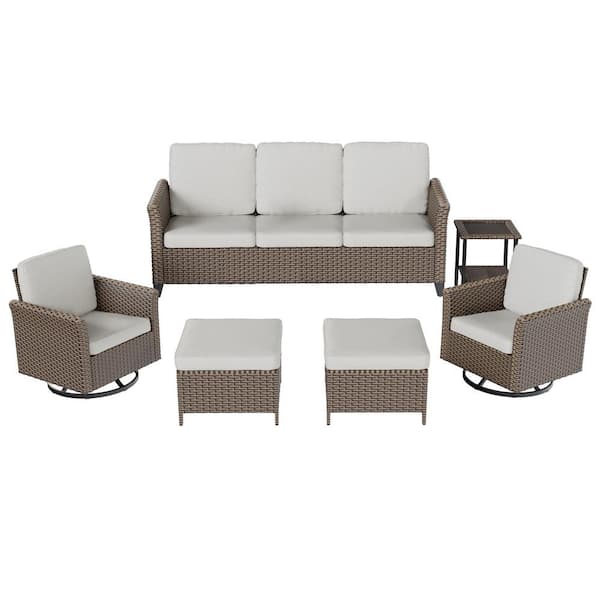 INMITOM 6-Piece Wicker Patio Furniture Set with Beige Cushions, 3-Seater Sofa, 2 Swivel Chairs, Ottomans, and Side Table