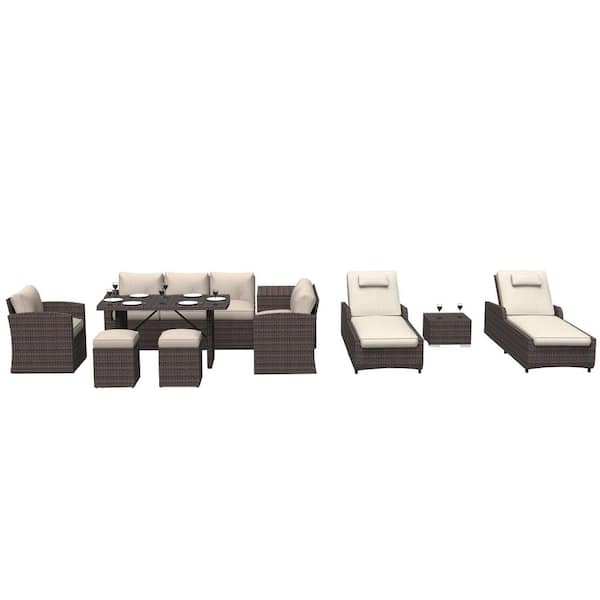 moda furnishings Lilly Penn 10-Piece Wicker Patio Conversation Set with Beige Cushions