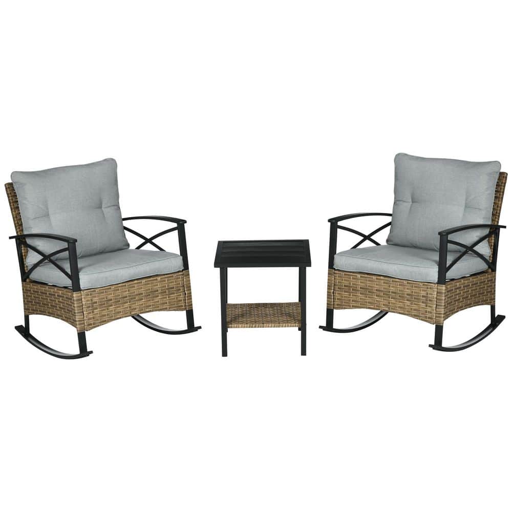 Gray 3-Piece Metal Outdoor Dining Set with Gray Rocking Chairs, Cushions, 2 Tier Coffee Table price history on PriceWatchPro