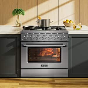 Brama 36-in 6 Burners 5.2-cu ft Convection Oven Slide-in Natural Gas Range ( Stainless Steel) in the Single Oven Gas Ranges department at