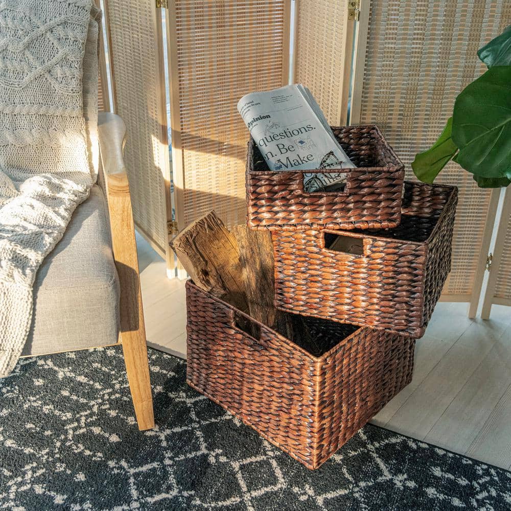 Handwoven Dark Brown Hyacinth Storage Basket Set with Iron Frame