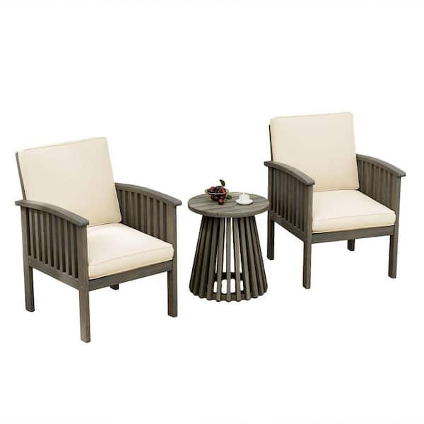 3-Piece Gray Wood Patio Conversation Set with Beige Cushions and Side Table for Garden