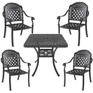 5-Piece Black Cast Aluminum Outdoor Dining Set, Patio Furniture with 30.71 in. Square Table and Random Color Cushions