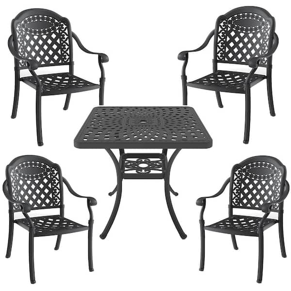 ToolCat 5-Piece Black Cast Aluminum Outdoor Dining Set, Patio Furniture with 30.71 in. Square Table and Random Color Cushions