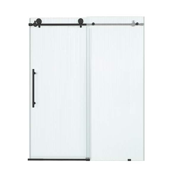 60 in. W x 76 in. H Framless Single Sliding Shower Door in Matte Black with 3/8 in. (10mm) Fluted Glass