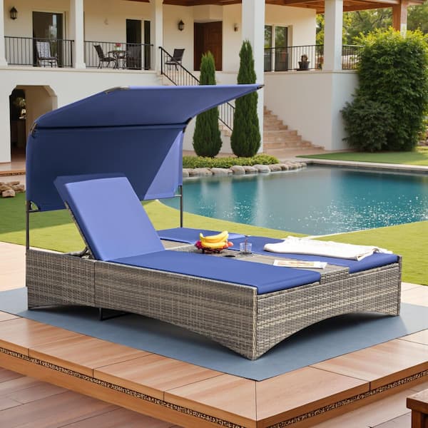 Wicker Outdoor Day Bed with Removable Canopy and Cushions, Blue