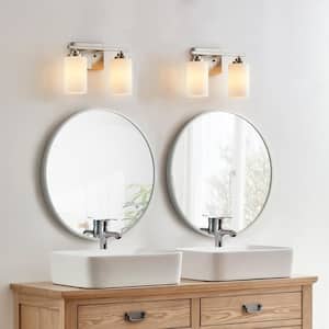 13 in. 2-Light Brushed Nickel Vanity Light with Frosted White Glass Shade