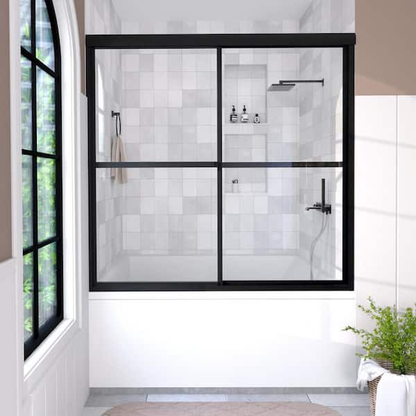Hermitage Bath 59 in. W x 56 in. H Sliding Tub Door in Matte Black with Clear Glass Elunir Framed Finish